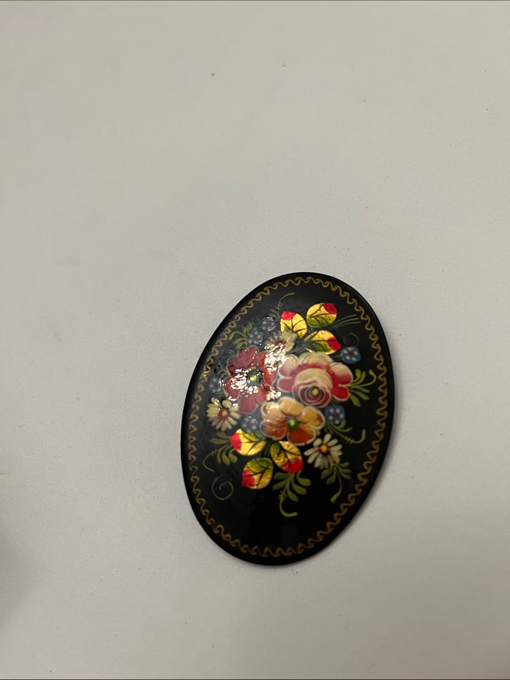 Hand-Painted Floral Oval Brooch - Black Background with Multicolor Flowers